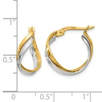 Two-tone gold and silver twisted hoop earrings with hinged posts, displayed next to a ruler showing approximately one inch in length.