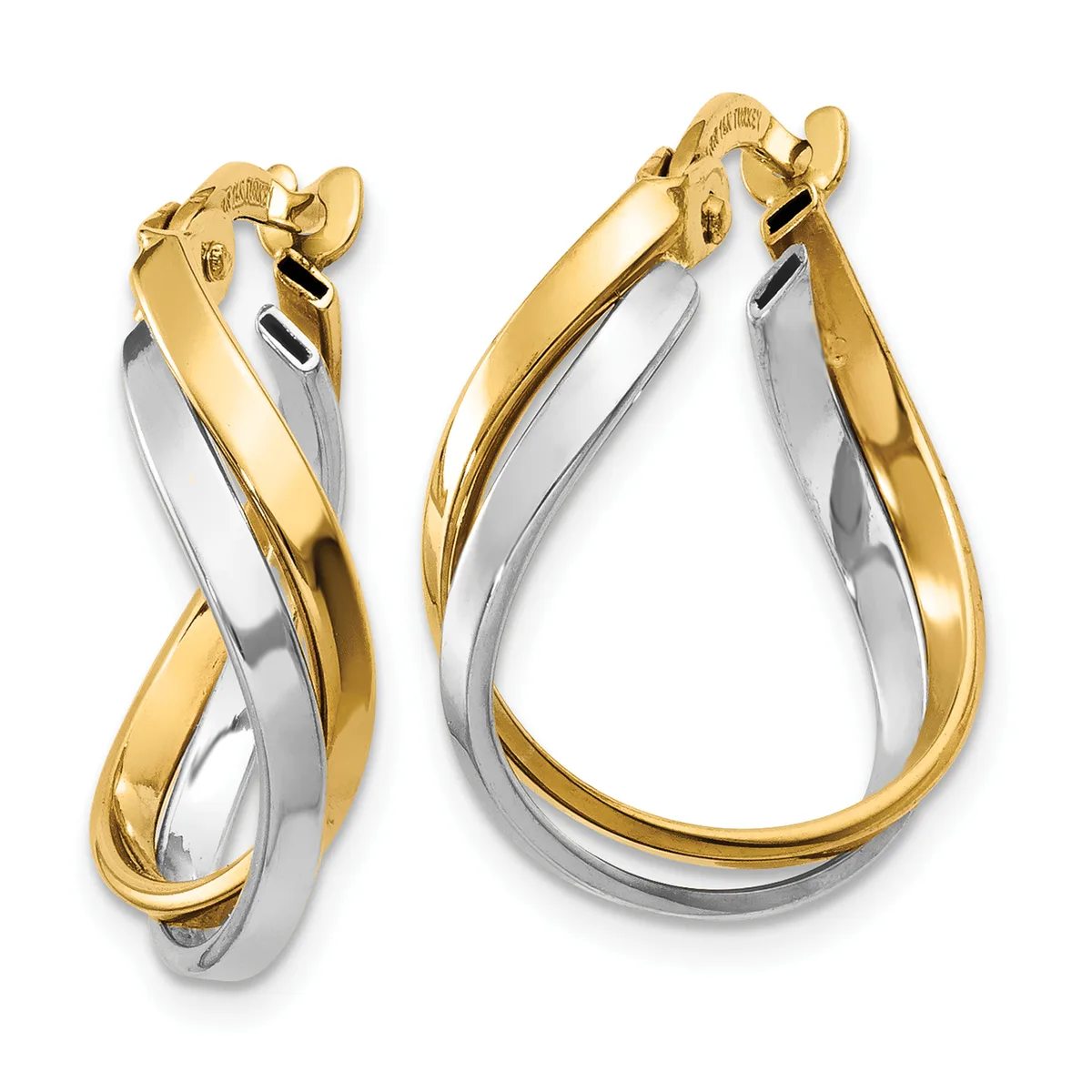 A pair of two-tone gold and silver twisted hoop earrings with hinged closures, shown from front and side angles.