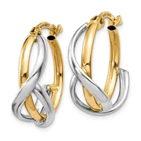 A pair of two-tone hoop earrings with twisted gold and silver bands, featuring gold outer tubes and silver inner curved elements, shown from the front with hinged closure posts.