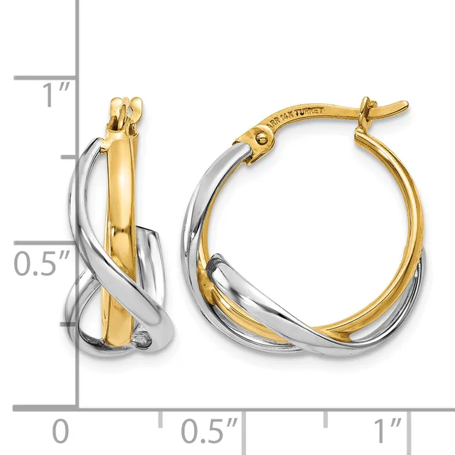 Two-tone gold and silver twisted hoop earrings with post and clutch backs, displayed next to a measurement ruler showing approximately one inch in diameter.