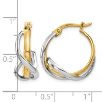 Two-tone gold and silver twisted hoop earrings with post and clutch backs, displayed next to a measurement ruler showing approximately one inch in diameter.