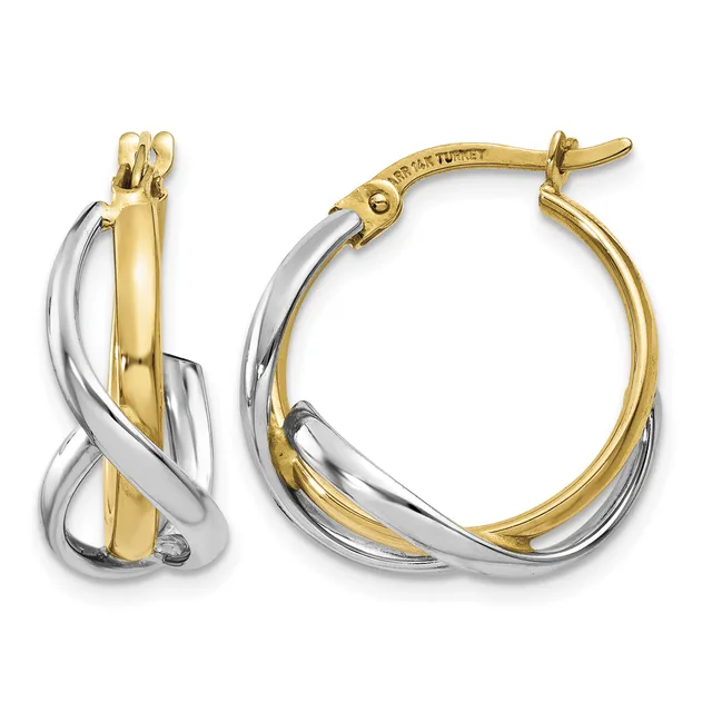 A pair of two-tone gold hoop earrings with twisted white and yellow gold design, shown from front and side views with post and clutch closures.