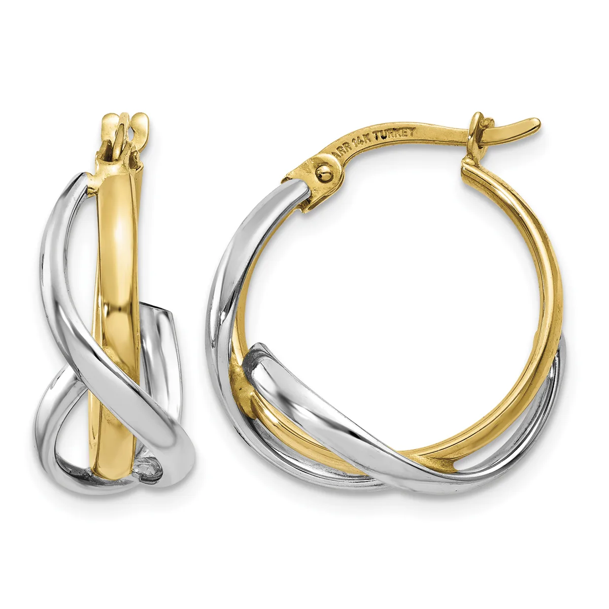 A pair of two-tone gold hoop earrings with twisted white and yellow gold design, shown from front and side views with post and clutch closures.