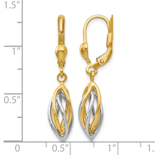 Two-tone gold lever-back earrings with elongated oval pendants featuring twisted gold and silver design, displayed against a measurement scale.