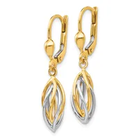A pair of two-tone gold drop earrings with leverback closures featuring twisted oval pendants in yellow and white gold.