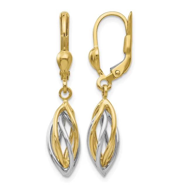 Pair of gold leverback earrings with two-tone twisted oval drops in yellow and white gold.
