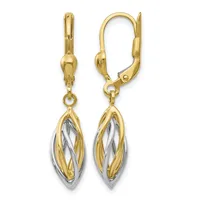 Pair of gold leverback earrings with two-tone twisted oval drops in yellow and white gold.