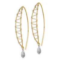Pair of gold elongated oval earrings with crosshatch wire pattern and diamond teardrop pendants hanging from curved posts.