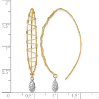 Pair of gold threader earrings with textured oval designs and dangling teardrop-shaped white crystal pendants, displayed against a ruler showing approximately two inches in length.