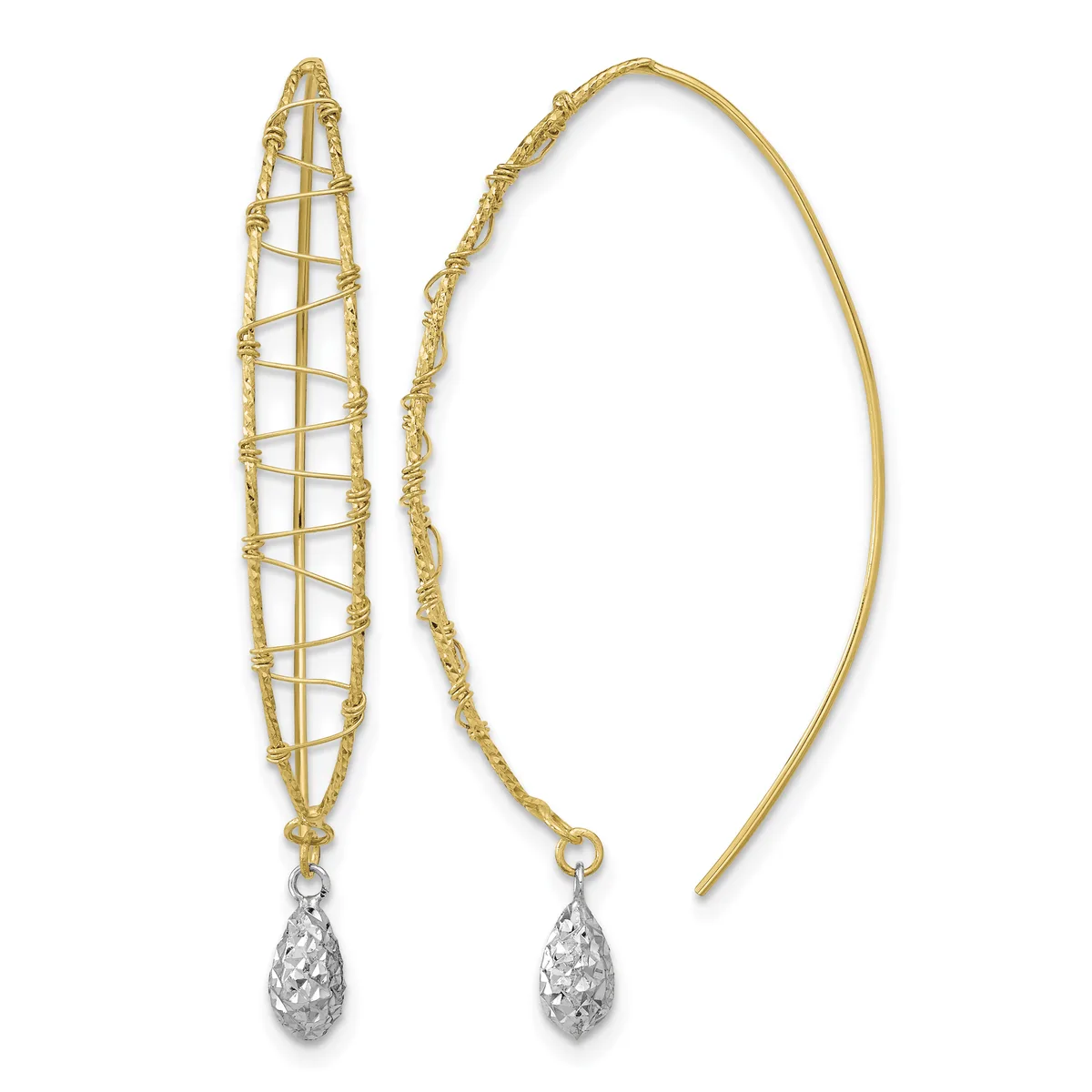 Pair of gold threader earrings with textured oval tops and teardrop-shaped white stone pendants.