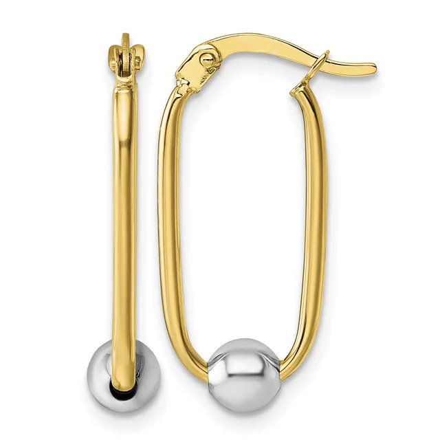 A pair of two-tone gold hoop earrings with yellow gold oval loops and white gold spheres at the bottom, shown from the front with a hook closure visible.