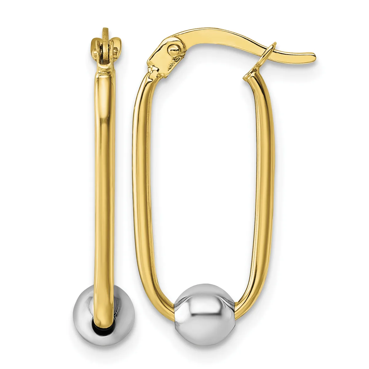 A pair of two-tone gold hoop earrings with yellow gold oval loops and white gold spheres at the bottom, shown from the front with a hook closure visible.