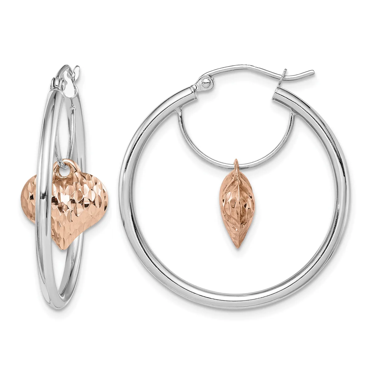 Pair of two-tone hoop earrings with silver outer hoops and rose gold leaf-shaped charms hanging from inner silver loops.