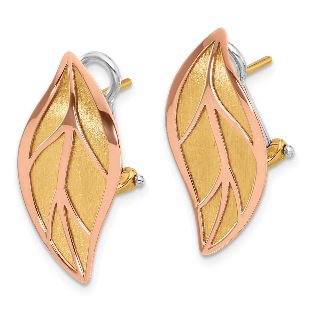 A pair of leaf-shaped stud earrings in rose and yellow gold with textured surfaces and small posts with backing closures.