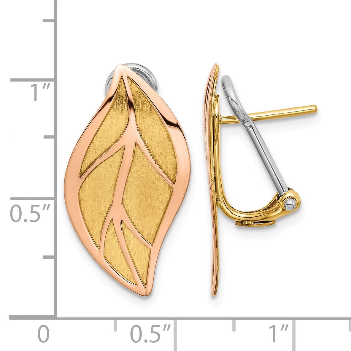 Two-tone leaf-shaped earrings with yellow gold textured centers and rose gold outer edges, shown with a measurement scale indicating approximately one inch in length.