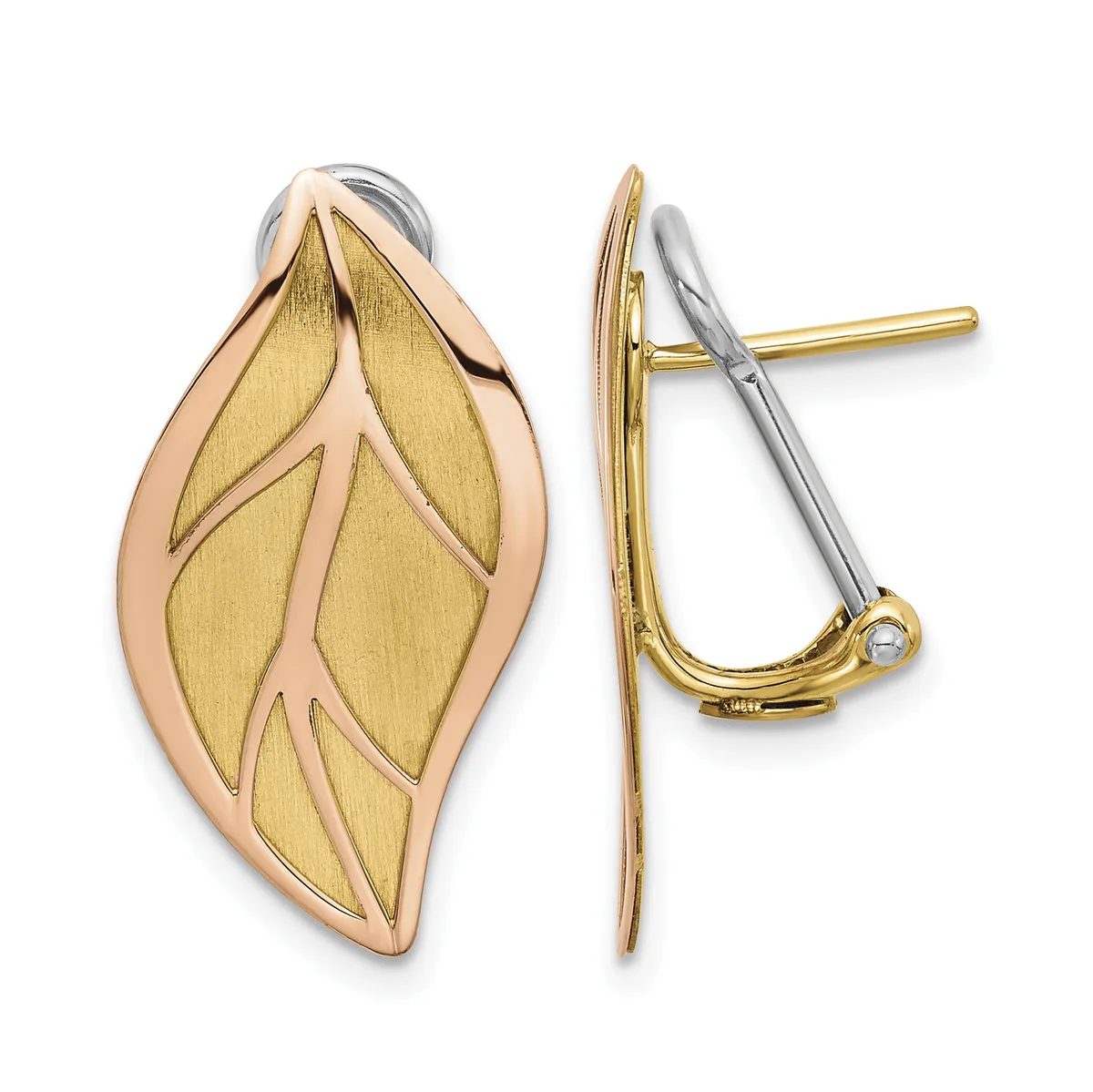 Pair of two-tone gold leaf-shaped earrings with yellow gold textured fronts and rose gold curved backs, shown from front and side views.