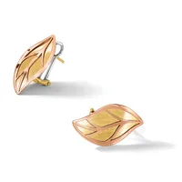 A pair of leaf-shaped earrings in rose and yellow gold with textured surfaces and post backs, shown from two angles.