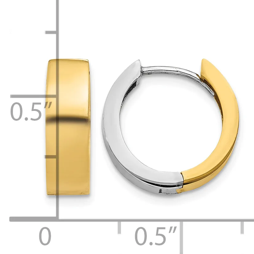 A pair of two-tone gold and silver chunky hoop earrings with a polished finish, shown from front and side views with measurement scale indicating approximately 0.5 inches in width.