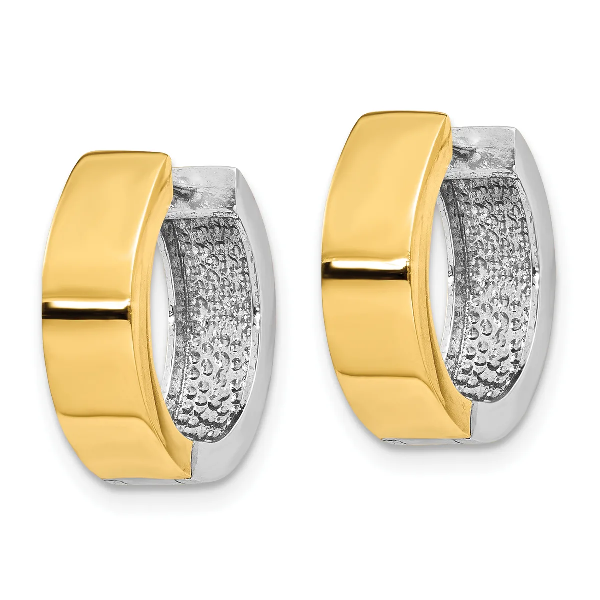 A pair of polished gold and textured silver two-tone hoop earrings displayed side by side.