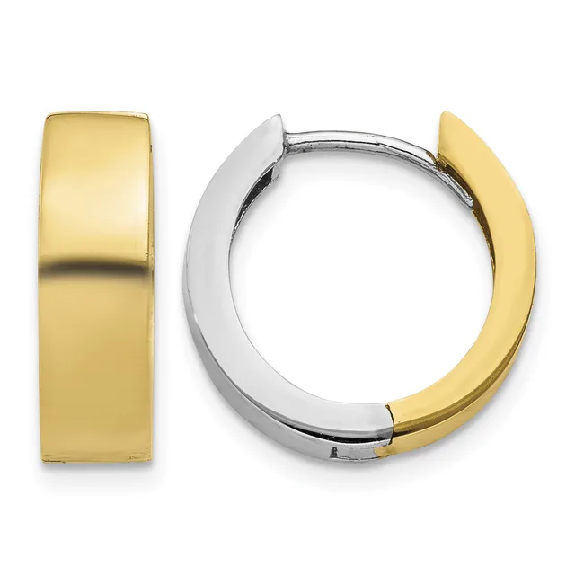 Pair of two-tone gold and silver huggie hoop earrings with a polished finish, shown from front and side views.