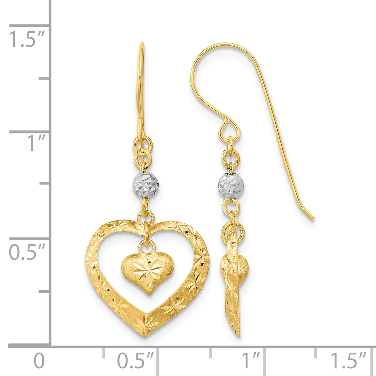 Gold heart dangle earrings with textured outer hearts, solid inner hearts, and rhodium-plated beads, shown next to a measurement scale.