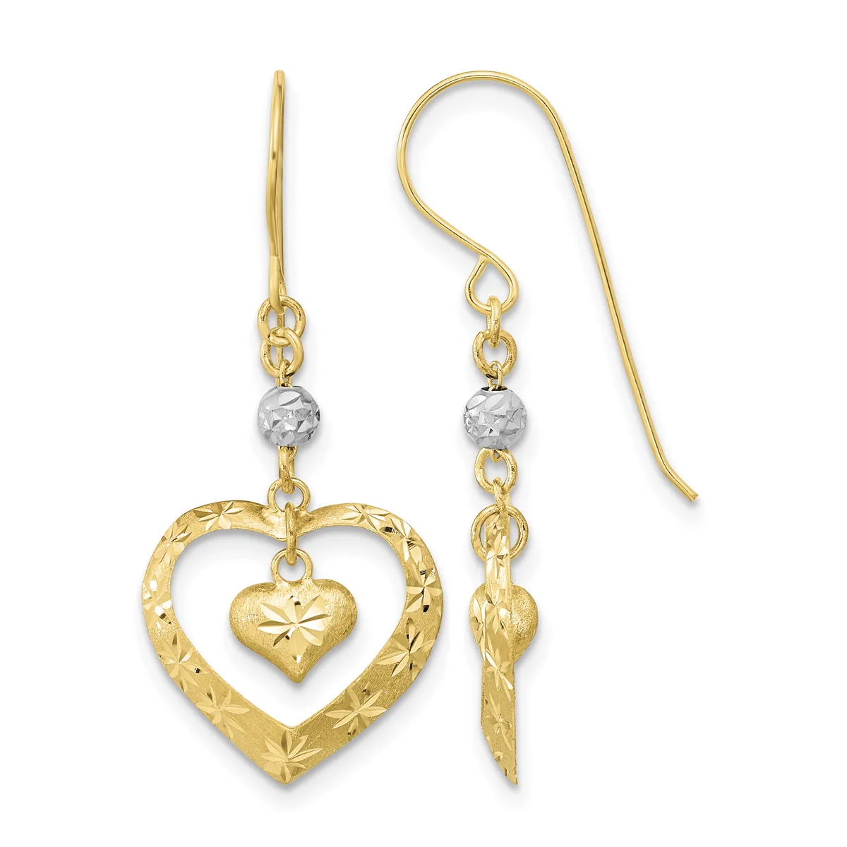 Pair of gold drop earrings with textured heart charms suspended from fish hook wires, each featuring a small silver-toned bead accent.