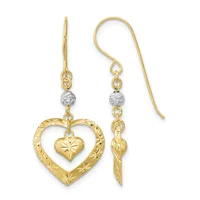 Pair of gold drop earrings with textured heart charms suspended from fish hook wires, each featuring a small silver-toned bead accent.