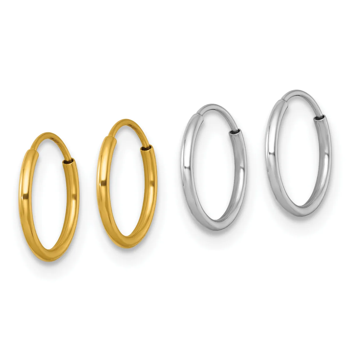 Two pairs of polished hoop earrings displayed side by side, with smaller gold hoops on the left and larger silver hoops on the right.