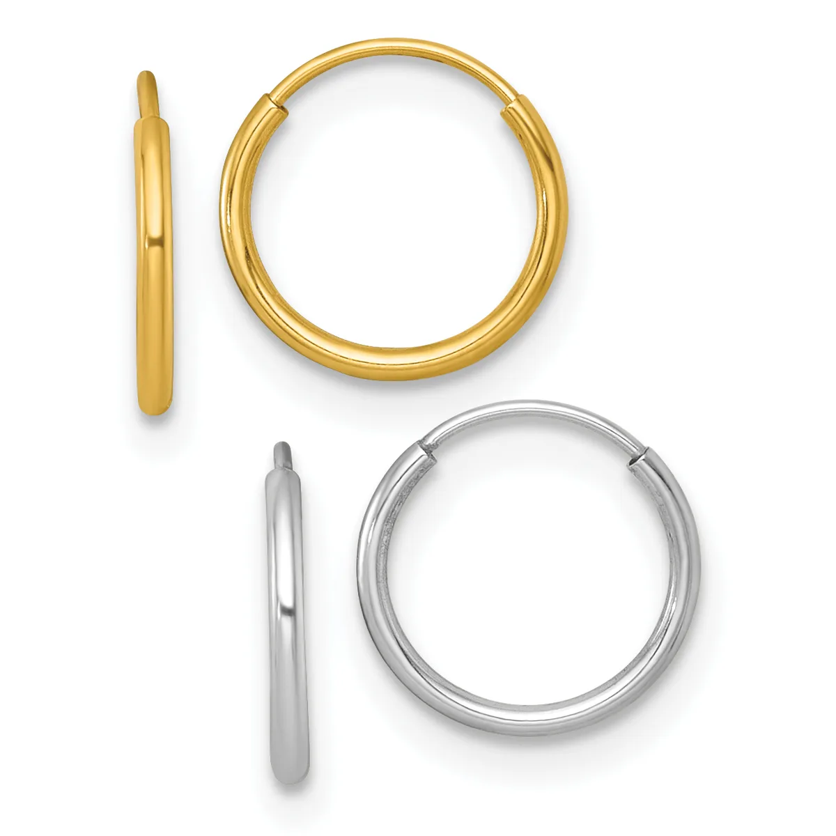 Two pairs of hoop earrings displayed side by side: gold-colored hoops on top and silver-colored hoops below, each shown from front and side views.