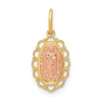 A gold pendant with an ornate scalloped oval frame surrounding a rose gold oval medallion featuring a standing religious figure.
