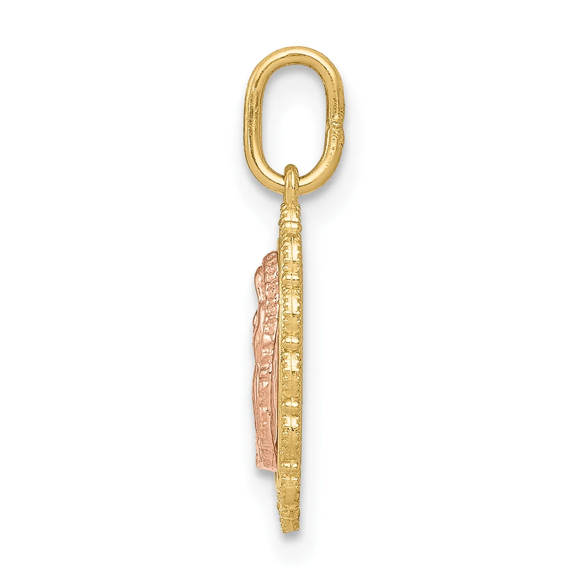 A gold pendant charm with an oval loop at the top and a long rectangular body featuring decorative beading and rose gold accents along the sides.