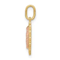 A gold pendant charm with an oval loop at the top and a long rectangular body featuring decorative beading and rose gold accents along the sides.