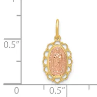 Two-tone gold pendant with an oval religious medallion featuring an engraved figure, surrounded by a scalloped decorative border, shown next to a measurement scale.