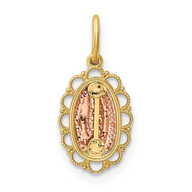 Gold pendant with an ornate scalloped border surrounding an oval centerpiece featuring a religious figure in pink and gold tones, suspended from a gold bail.