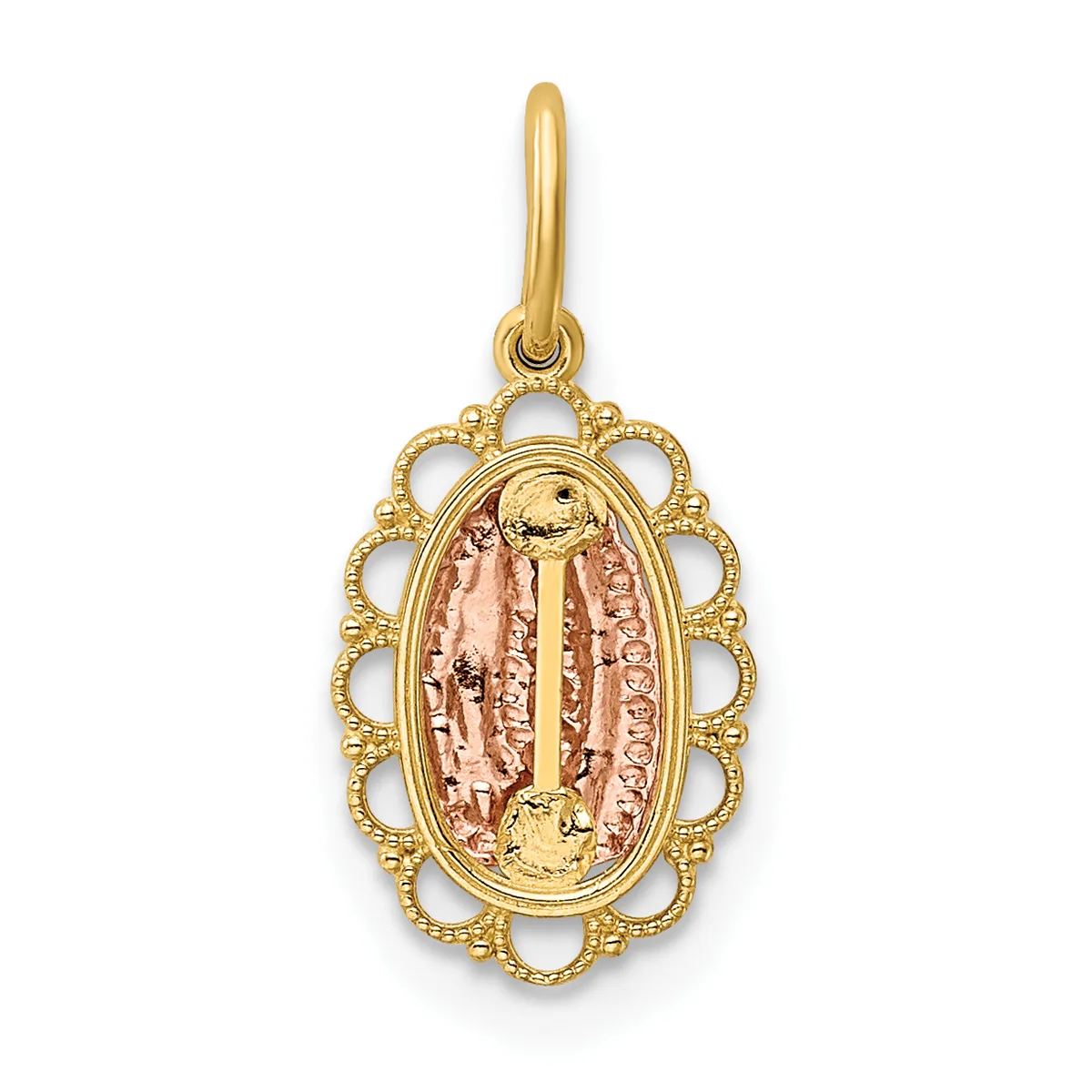 Gold pendant with an ornate scalloped border surrounding an oval centerpiece featuring a religious figure in pink and gold tones, suspended from a gold bail.