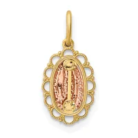 Gold pendant with an ornate scalloped border surrounding an oval centerpiece featuring a religious figure in pink and gold tones, suspended from a gold bail.