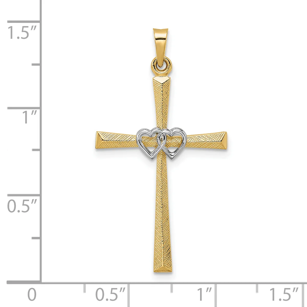 Two-tone gold cross pendant with textured gold arms and a small heart design at the center, shown against a measurement scale indicating approximately 1.5 inches in height.