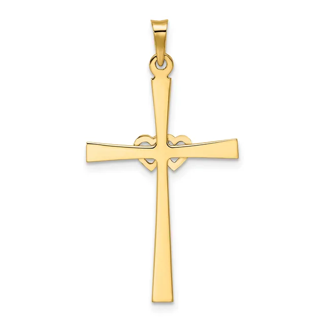 A polished gold cross pendant with a flat rectangular design and a small loop at the top for hanging.