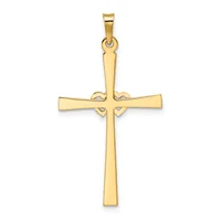 A polished gold cross pendant with a flat rectangular design and a small loop at the top for hanging.