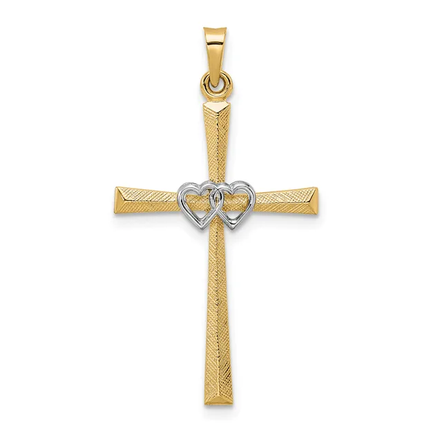A gold cross pendant with a textured finish and a two-toned heart at its center, displayed against a white background.