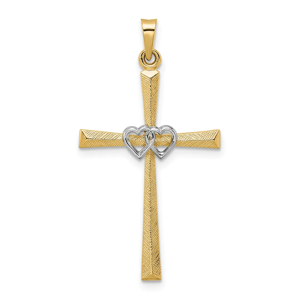 A gold cross pendant with a textured finish and a two-toned heart at its center, displayed against a white background.