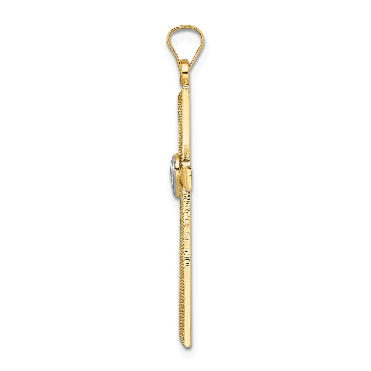 A long gold-toned metal pendant with a loop at the top, a carabiner-style clasp in the middle, and a pointed cone-shaped end at the bottom.