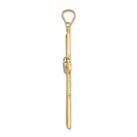 A long gold-toned metal pendant with a loop at the top, a carabiner-style clasp in the middle, and a pointed cone-shaped end at the bottom.
