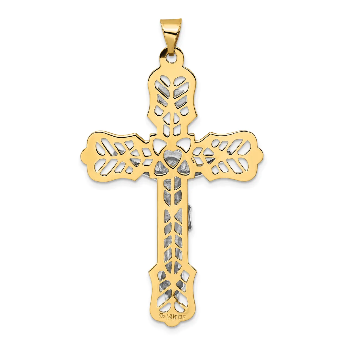 Gold cross pendant with ornate filigree cutout pattern throughout, featuring a small diamond or crystal stone at the center intersection, suspended from a bail.