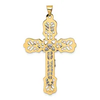 Gold cross pendant with ornate filigree cutout pattern throughout, featuring a small diamond or crystal stone at the center intersection, suspended from a bail.