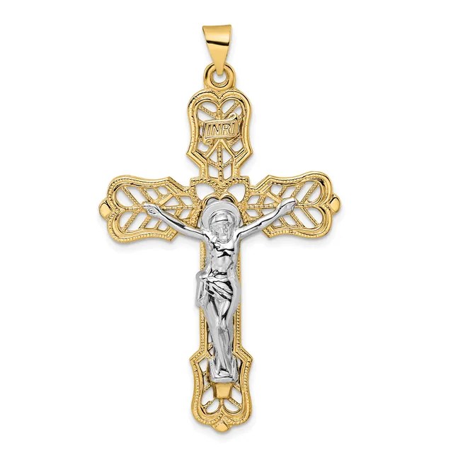 A two-tone gold crucifix pendant with ornate filigree detailing on the arms and a silver-toned corpus of Jesus at the center.