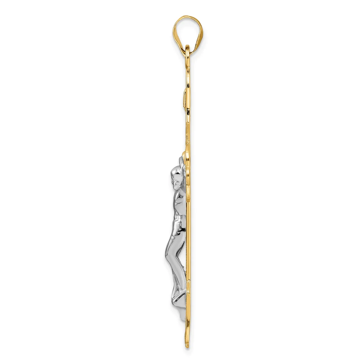 A long vertical pendant with a gold-colored chain attached to a loop at the top and a decorative silver-toned charm hanging from the chain.