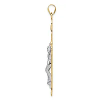 A long vertical pendant with a gold-colored chain attached to a loop at the top and a decorative silver-toned charm hanging from the chain.