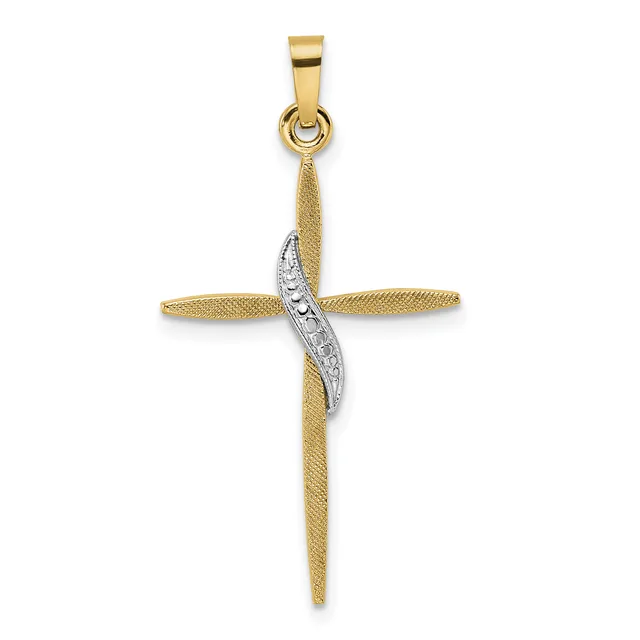 Gold cross pendant with textured finish and white gold diagonal stripe accent, suspended from a bail.