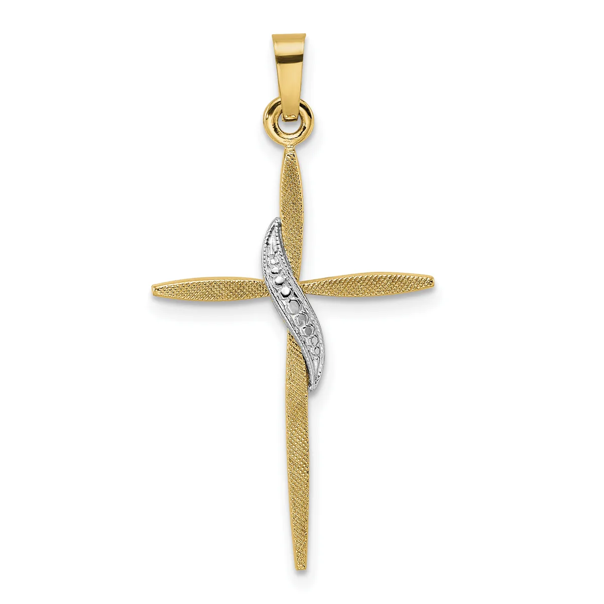 Gold cross pendant with textured finish and white gold diagonal stripe accent, suspended from a bail.